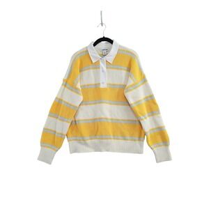 Lands End Polo Sweater Womens Medium Yellow Excellent Striped Cotton Knit Rugby